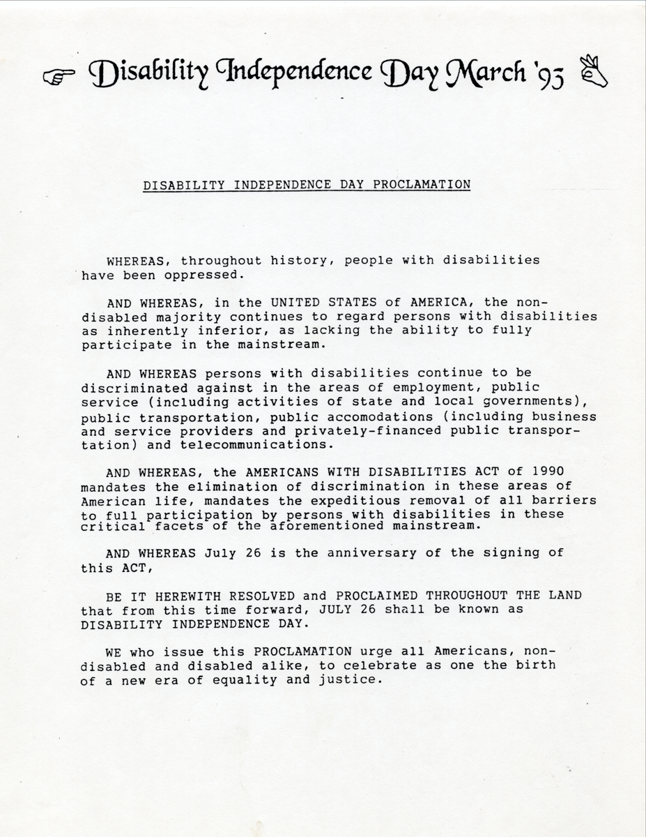 A printout of the proclamation, featuring icons of hands performing sign language