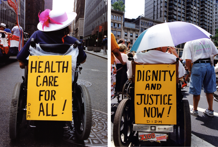 Two similar shots of women in wheelchairs from behind with protest signs on the back of their chairs.