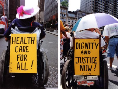 Two similar shots of women in wheelchairs from behind with protest signs on the back of their chairs.