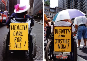 Two similar shots of women in wheelchairs from behind with protest signs on the back of their chairs.